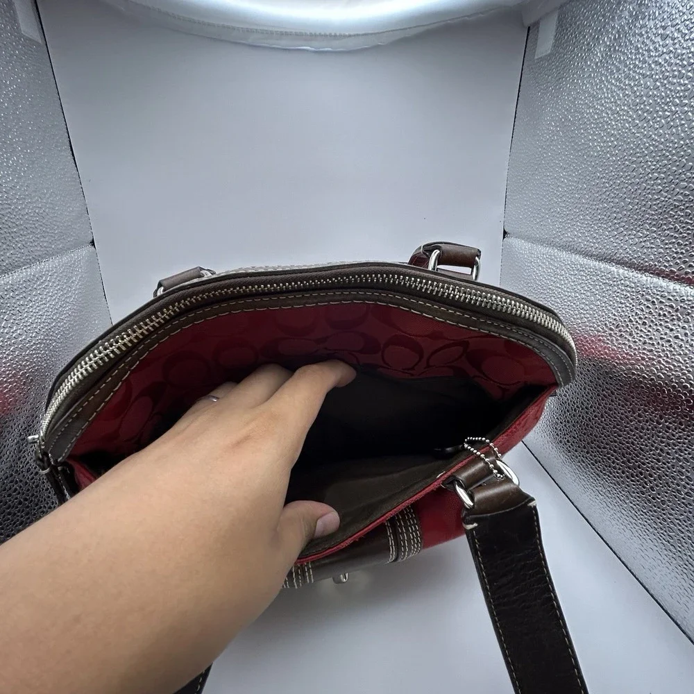 Coach Miranda Signature Red Canvas Brown Leather Satchel Bag Y2K